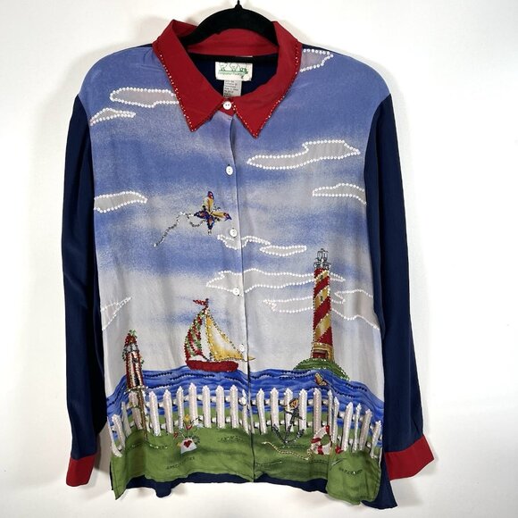 Quacker Factory Womens 100% Silk Button Up Top Size Large Nautical Sequin‎ Art - Picture 1 of 11